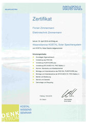 Zertifikat KOSTAL Solar Speichersystem